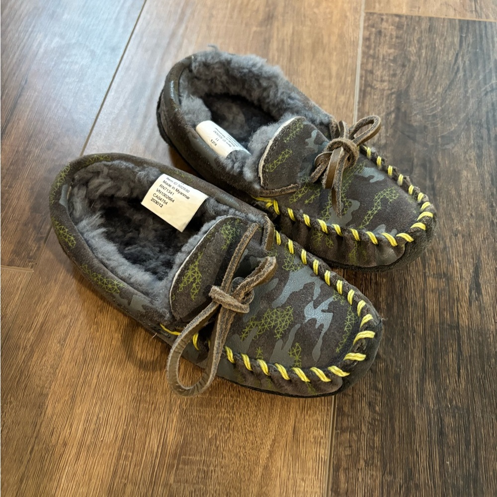 L.L. Bean Kids Camo Slippers with Yellow Accents